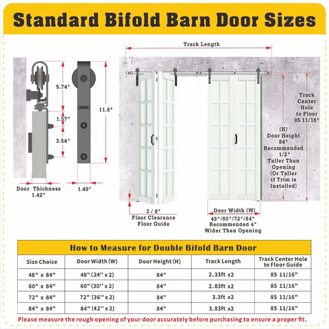 Diagram showing dimensions for installing Bi Fold Sliding Barn Door Kit With 72 Inch Width And 84 Inch Height, 10 Lite Tempered Frosted Glass Panels.