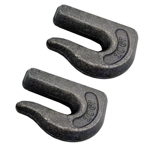 4 Pack Three Eighths Inch Weld-On Chain Hooks Grade 70 for Trailers Trucks Rigging 6600 Lbs, close-up view of two forged tow hooks