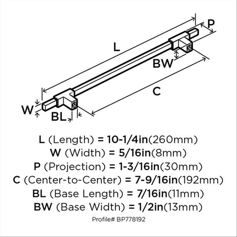 Diagram of Urbanite Two Tone Brushed Gold And Matte Black Cabinet Pull For 192 Mm Center To Center Drawers And Doors with measurements