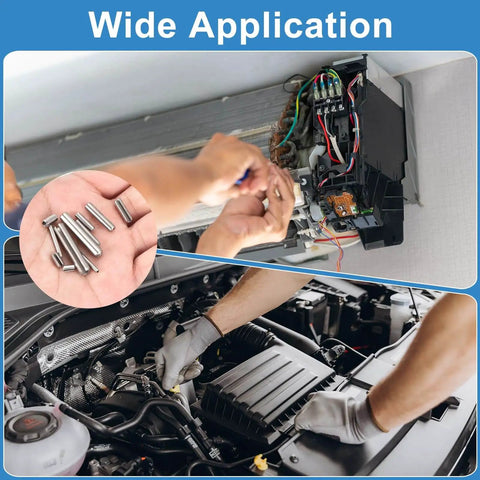 Installation using 200 Piece Roll Pin Set Slotted Spring Pins 304 Stainless Steel for home upgrades and automotive repair.