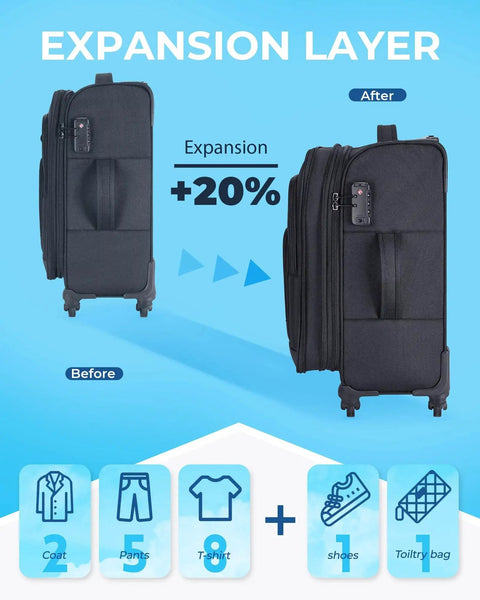 Expandable 20 Inch Carry On Luggage Airline Approved With Spinner Wheels Lightweight Carry On Suitcase expansion feature illustration