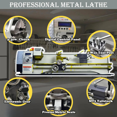 Front view of Gearless 8x31 Metal Lathe With Electronic Leadscrew Auto Metric Inch Thread Switching 1100W Brushless Motor