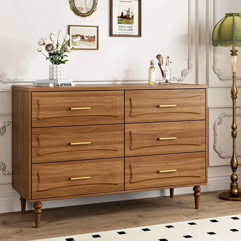 Wooden dresser with Six Pack Adjustable Matte Gold Drawer Pulls For Cabinets And Furniture, elegant design in a modern room setting.
