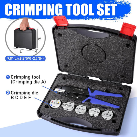 Six Piece Ratchet Crimp Tool Kit With Interchangeable Dies For Heat Shrink Insulated Nylon And Non Insulated Wires Wire Ferrules Open Barrel Terminals And Solar Connectors Pro Grade Durable Tooling For Clean Consistent Crimps displayed in open carrying case with tool and dies visible