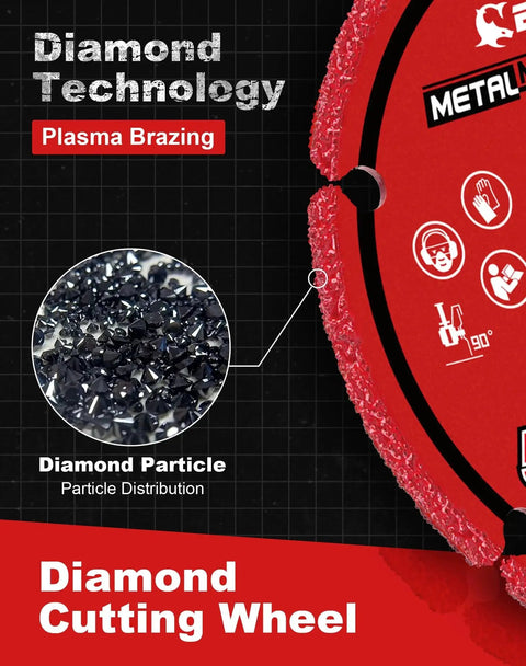 Close-up of 3-inch diamond cutting wheel for die grinder, shows diamond particle distribution and plasma brazing technology.