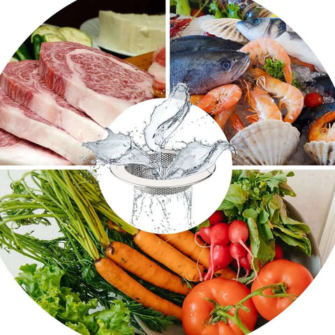 Stainless Steel Kitchen Sink Strainer No Fuss Dishwasher Safe Drain Filter With 4.4 Inch Outer Diameter And 3 Inch Inner Diameter Pack Of 3 Heavy Duty Mesh Traps Food Debris Without Slowing Water Flow with images of fresh produce, seafood, and meats.