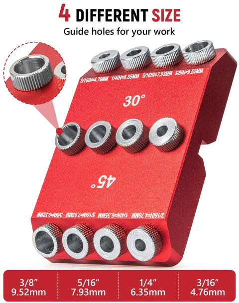 Close-up view of Pro Grade 30 Degree 45 Degree 90 Degree Angle Drill Guide Jig For Hand Drills showing multiple guide holes.