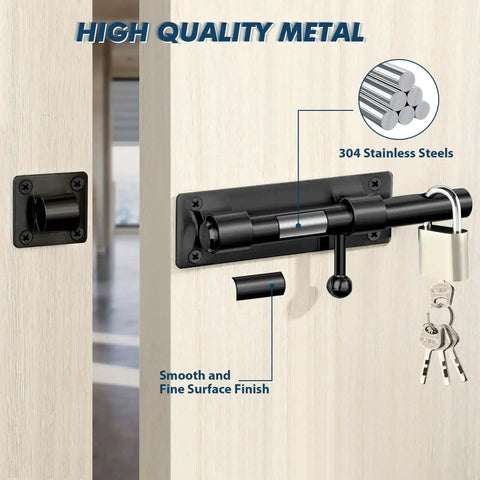 6 Inch Heavy Duty Slide Bolt Latch Built To Last In SUS304 Stainless Steel Barrel Bolt Lock for barn doors, matte black, close-up view