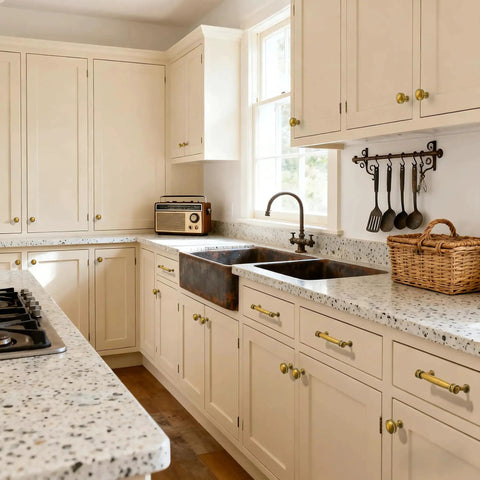 10 Inch Antique Brass Cabinet Pulls on kitchen cabinets with flat brushed brass finish, zinc alloy handles installed on cream cupboards