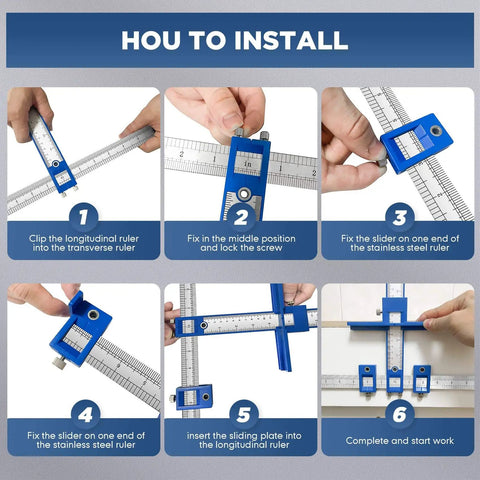 Step-by-step setup of Cabinet Hardware Jig For Handles, Knobs, And Pulls, Pro Grade Punch Locator Drill Guide Template.