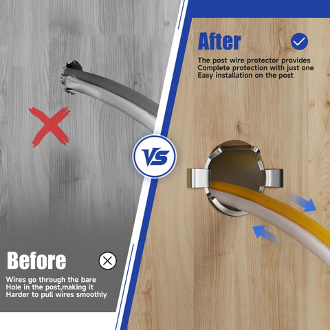Gadgetzan Smart Shield Nail Guard for wiring: installed round metal protector on wood stud with cables, before/after view