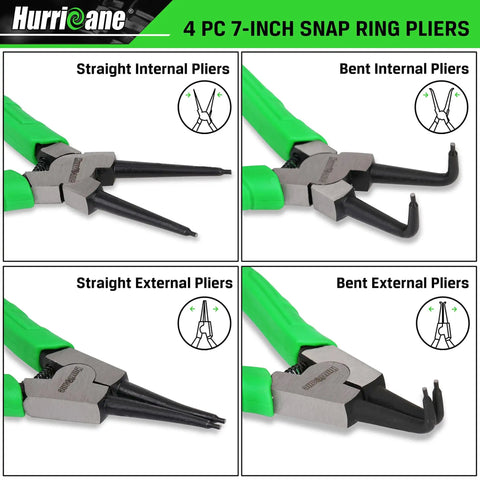 4 Piece Snap Ring Pliers Set With 7 Inch Internal And External Circlip Pliers Kit, Straight And Bent Jaw, CR-V Steel