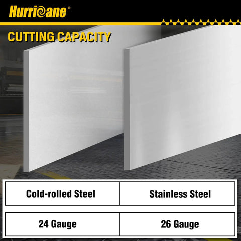 Pro Grade Sheet Metal V Notcher For HVAC Ductwork And Roofing From Hurricane shown with cold-rolled 24-gauge and stainless 26-gauge steel samples