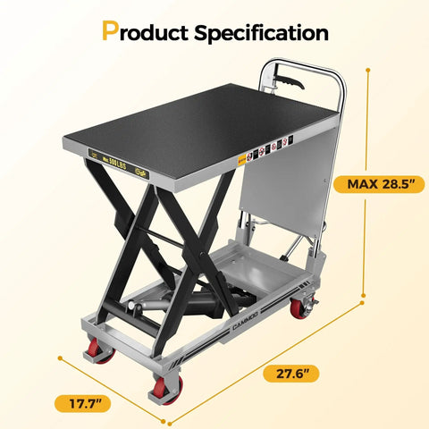 Hydraulic Lift Table Cart 500 Lb 28.5 Inch Lift Foldable Handle Safety Guard, metal with measurements in view.