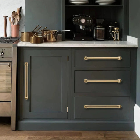 Kitchen with 10 Pack 5 Inch Center To Center Brushed Brass Cabinet Pulls Heavy Duty Zinc Alloy Handles For Cabinets Dressers Kitchens And Bathrooms Easy To Install, installed on dark cabinets.