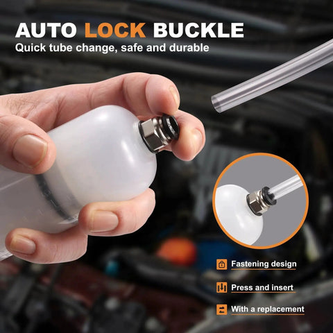 200cc Fluid Extractor And Fill Pump For Automotive Use With 23 Inch Reach Hose showing auto lock buckle feature