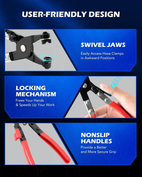 Long Reach Hose Clamp Pliers Set For Automotive Radiator Hoses And Band Clamps showing swivel jaws and nonslip handles