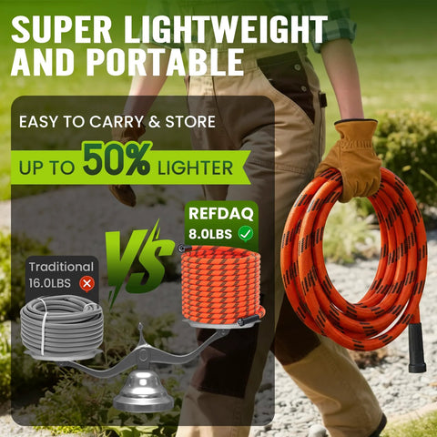 REFDAQ garden hose, 100 ft orange flexible anti-kink hose with 10-function sprayer, carried by gloved hand