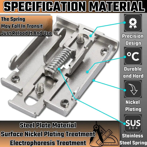 Close-up of 35Mm DIN Rail Mount Kit with stainless steel clamp, screws, spring, and bracket for solid state relays installation.