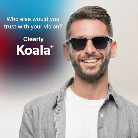 Smiling man wearing sunglasses with text 'Clearly Koala' on gradient background