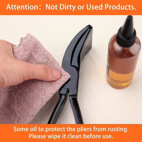 11 Inch Hand Seamer Sheet Metal Tool With 45 Degree Jaws And PVC Handle being cleaned with a cloth next to a bottle of anti-rust oil