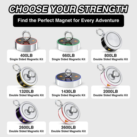 Display of various magnet fishing kits with different pull strengths, including Double Sided Magnet Fishing Kit With 1000LB Pull Neodymium N52 Magnets And Case.