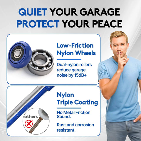 10 Pack 2 Inch Nylon Garage Door Rollers With 6200-2RS Bearings And 4 Inch Carbon Steel Stem, shown with low-friction wheels
