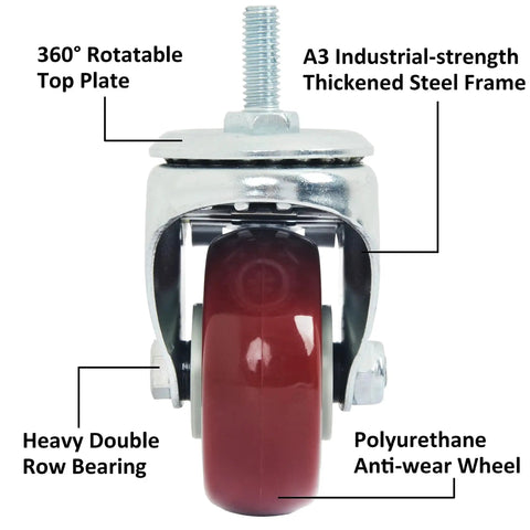 Heavy Duty Three Inch Swivel Caster Wheels Set Of Four With Three Eighths Inch Threaded Stem And Brakes Polyurethane Locking Castors
