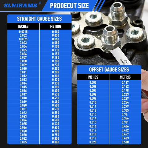 Rugged Magnetic Stainless Steel Feeler Gauge Set For Precise Valve And Spark Plug Measurements, gauge size chart displayed