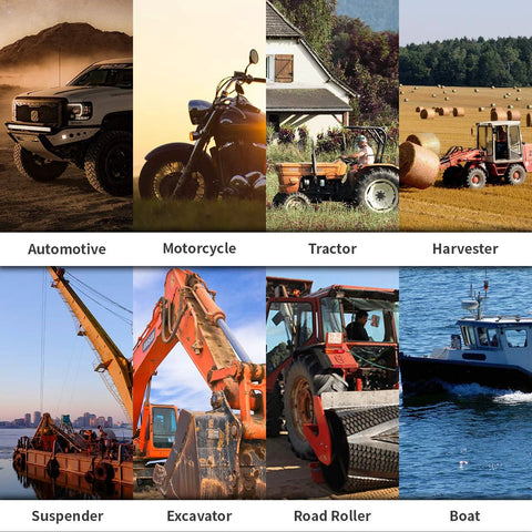 Grease gun by Amazon: banner collage of 8 heavy machinery and vehicles.