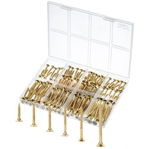 Gold Galvanized Wood Screws Set With Phillips Drive, 152-Piece Assortment For DIY Projects in clear storage case