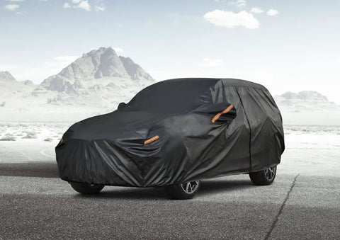 All Weather Heavy Duty SUV Car Cover With Zipper For Outdoor Snow Sun UV Waterproof Exterior Protection Universal Fit For SUVs And Jeeps Up To 181 Inches Kayme on black SUV in outdoor setting.