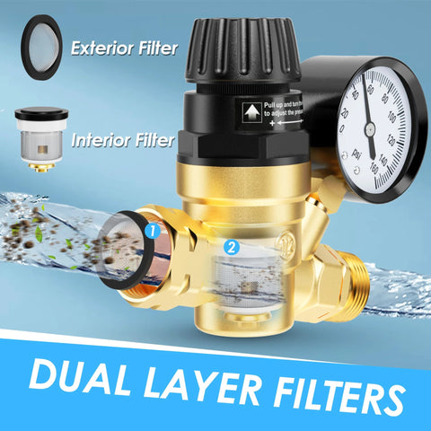 AOLINK RV water pressure regulator valve with brass body, gauge, and dual filters for RVs, campers, and travel trailers