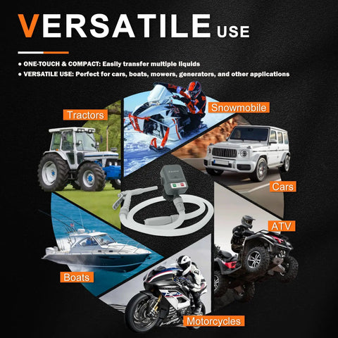 Portable Fuel Pump For Gas, Diesel And Kerosene With 3.2 GPM Flow, 51 Inch Hose displayed with vehicles and equipment