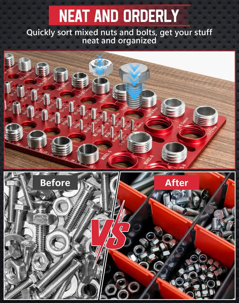 56 Thread Checker for Standard and Metric Bolts, 30 SAE and 26 Metric Size Thread Gauge on a desk, before and after sorting nuts and bolts
