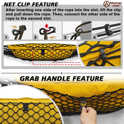 Close-up of Heavy Duty Truck Bed Cargo Net For Silverado And Sierra Fits 2013 To 2026 showing net clip and grab handle features.