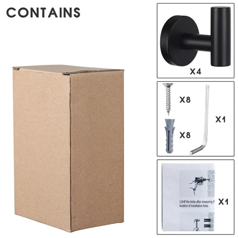 Four Pack Black Stainless Steel Towel Hooks Wall Mounted Heavy Duty Coat Robe Hanger For Door And Wall Use In Bathroom Bedroom Kitchen And Hotel Durable Waterproof Rustproof Modern Design Easy Drill Installation packaging and hardware contents.