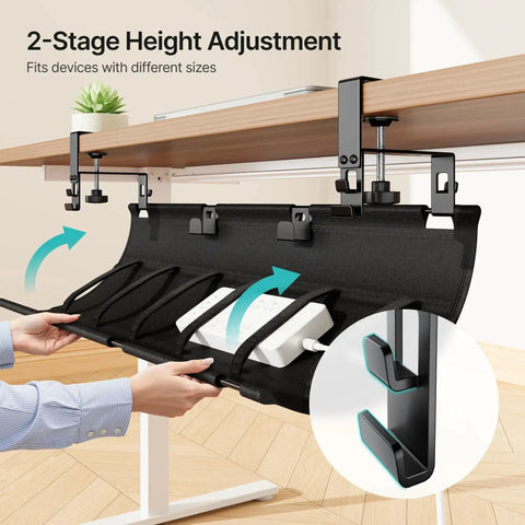 Under Desk Cable Management Tray 31.5 Inches No Drill Clamp Mount Wire Organizer installed under a desk with power strips and cables visible