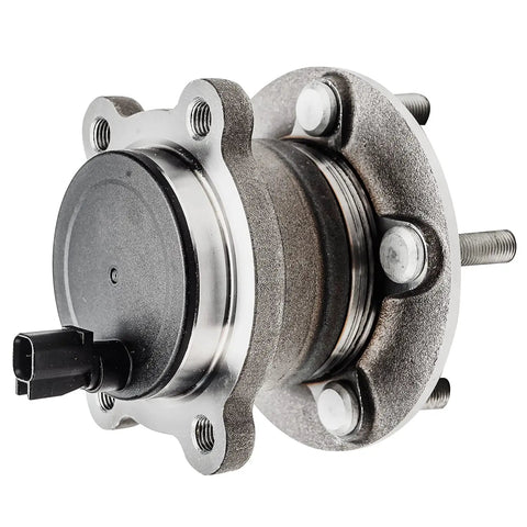 Rear 2 Piece Wheel Bearing Hub Assembly Set Compatible With Ford Escape C Max Lincoln MKC 2013 Through 2019 FWD Models With Park Assist And ABS Replacement Drop In Ready High Quality Durable Bearings For Smooth Quiet Operation showing side view of hub assembly with studs and wiring connector.