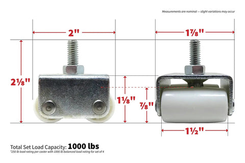 Front and side view of 7/8-Inch Threaded Stem Appliance Caster Set With Dual Wheels White 4-Pack Low Profile 1-1/2-Inch Wide Twin Wheels Jam Nuts For Easy Alignment And Height Adjustment To Replace Refrigerator And Freezer Factory Wheels showing dimensions and load capacity.