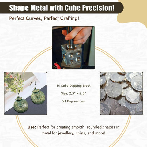 Cube dapping block in use, metal forming for jewelry making; part of Workhorse Doming Block And Punch Set For Jewelry Making 41 Piece Dapping Kit