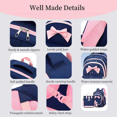 Close-up details of Girls Rolling Backpack Set Three Piece With Bowknot Design Wheels And Lunch Tote Handbag Trolley Bag features.