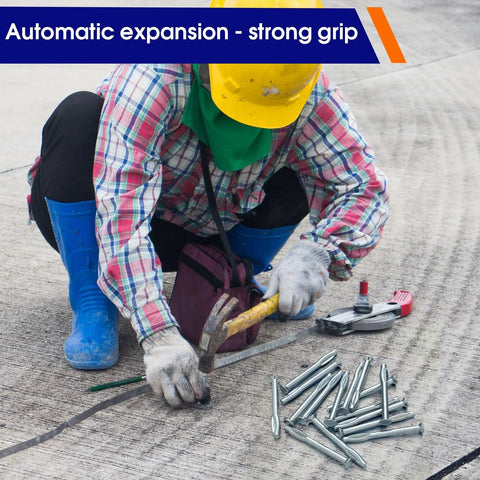 Worker using 100 Pcs 1/4 Inch X 3 Inch Split-Drive Flat Zinc Plated Hammer-In Concrete Nails For Concrete And Cement Structures