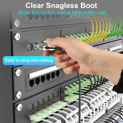 Hand plugging Cat6a Ethernet Patch Cable 100 Feet Slim UTP Copper For 10Gbps Networking 550MHz Beast Speed Black Patch Cord into a network panel