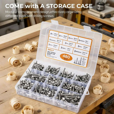 Heavy Duty Self Tapping Screws For Metal In 410 Stainless Steel Self Drilling Hex Head Sheet Metal Screws Assortment Kit With Size 8 And Size 10 Lengths From Half Inch To One And A Quarter Inch 480 Pieces displayed in a compartmentalized storage case on a workbench.