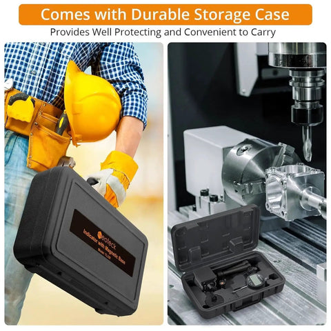 Digital Dial Indicator Gauge Set With Magnetic Base And Storage Case shown with case closed, open, and in CNC workshop.