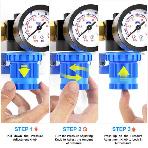 Tailonz pneumatic 5-in-1 mini regulator kit, blue adjustment knob and gauge visible, front view
Tailonz pneumatic 5-in-1 mini regulator kit, blue knob with arrows, side view
Tailonz pneumatic 5-in-1 mini regulator kit, blue adjustment knob pressed for adjustment, close-up
