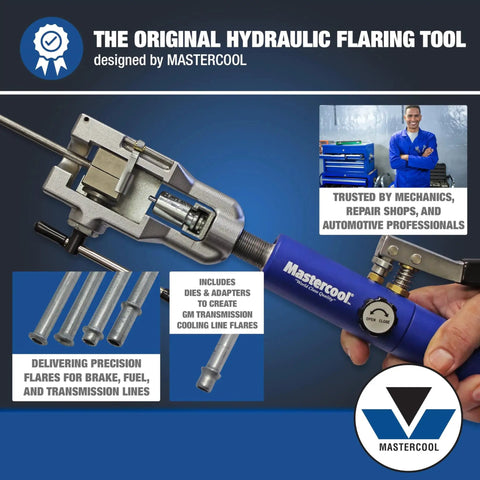 Universal Hydraulic Flaring Tool For 45 Degree Flares With Push Connect GM Lines shown with dies and adapters
