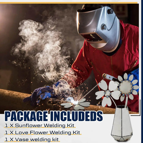 Valentine's Day Welding Kit For Beginners DIY Vase And Two Flower Project With 304 Stainless Steel Plate TIG And MIG Practice Starter Metalworking Set Ideal Gift To Level Up Your Welding Skills And Spark Creative Projects, featuring a welder in action and floral metal sculptures in the foreground.