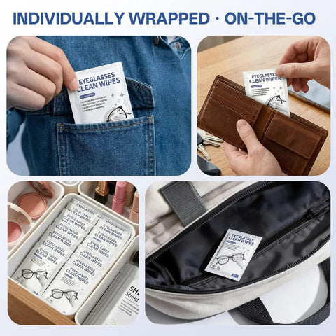 Individually wrapped pre-moistened lens wipes for glasses, cameras, and screens shown in pocket, wallet, drawer, and bag compartments.